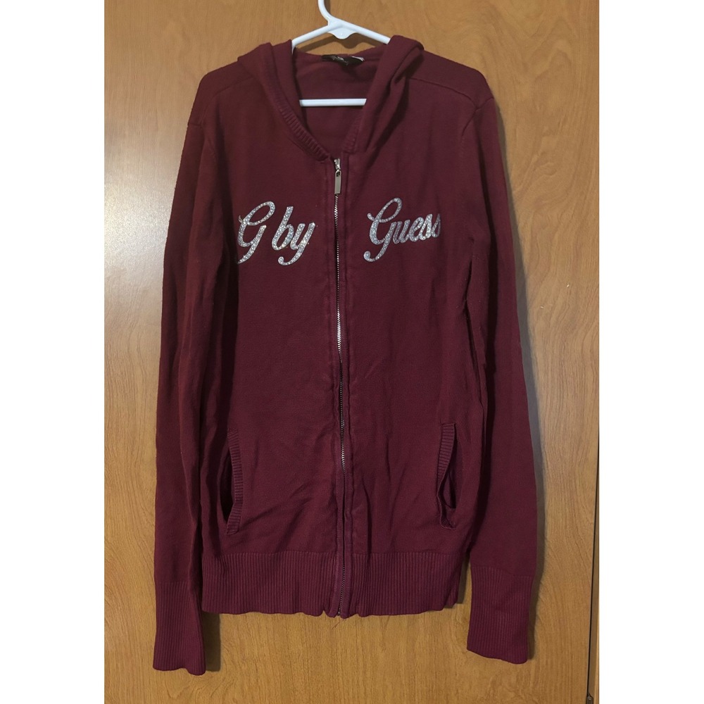 G by Guess Burgundy Zip Up Hoodie Silver Glitter Logo Knit Sweatshirt Medium